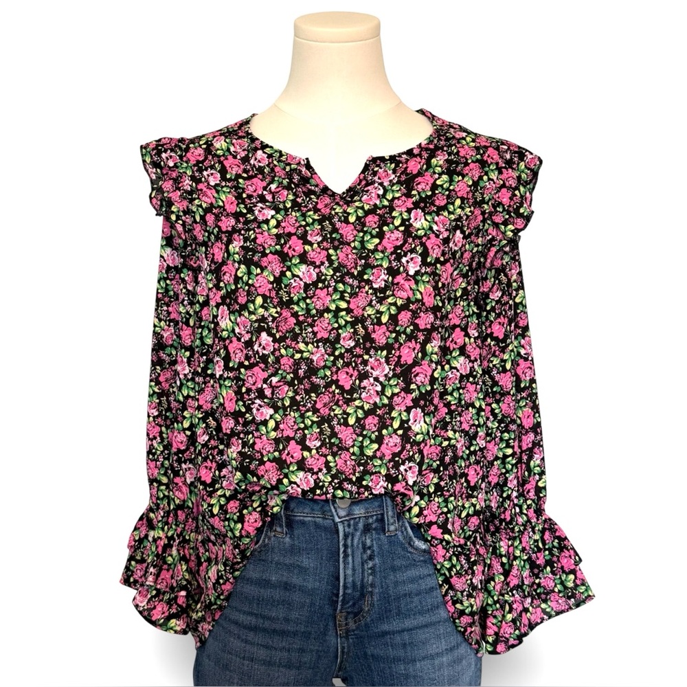 Counterparts Black Pink Floral Ruffle Sleeve Blouse Feminine Spring Top Size M